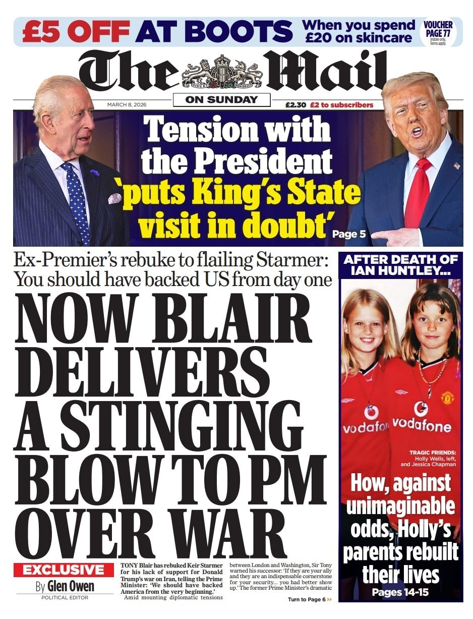 Front page of Mail On Sunday, 8 March 2026
