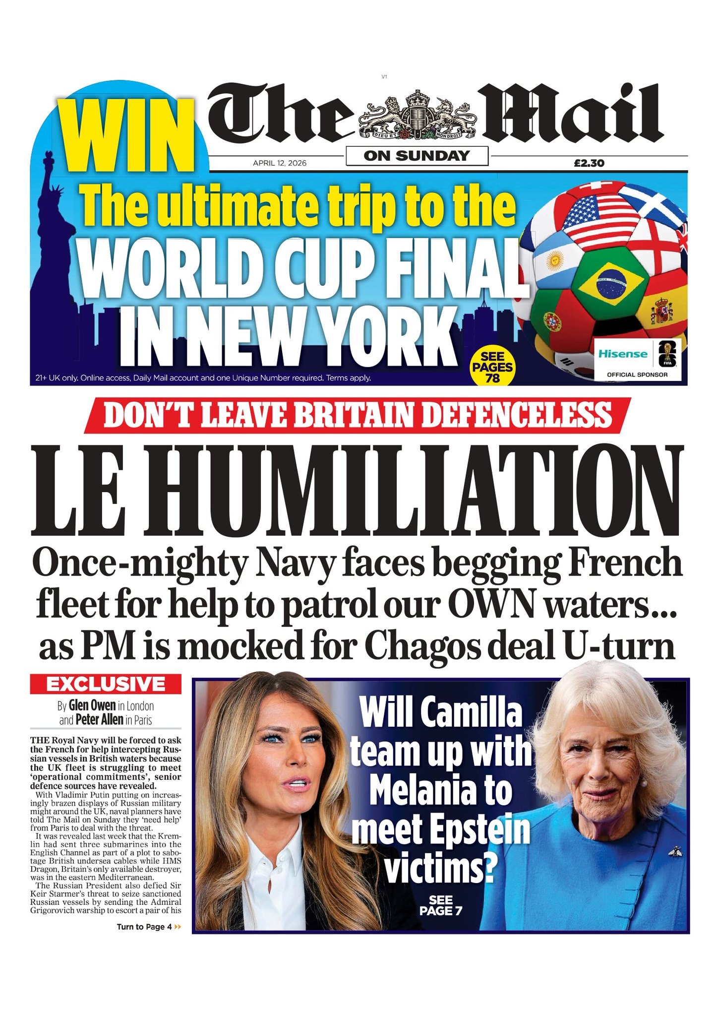 Front page of Mail on Sunday, 12 April 2026