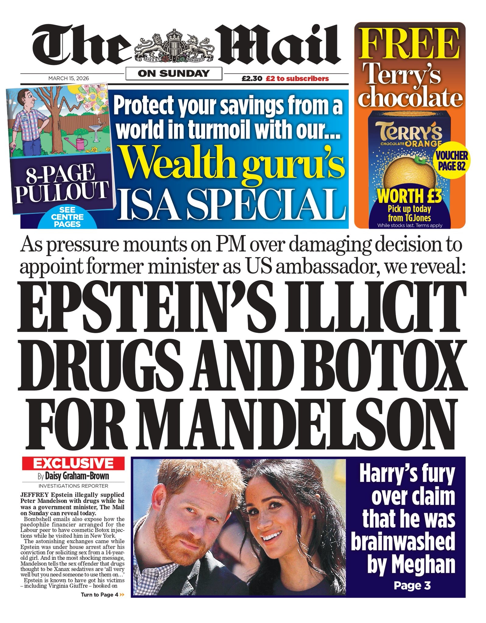 Front page of Mail on Sunday, 15 March 2026