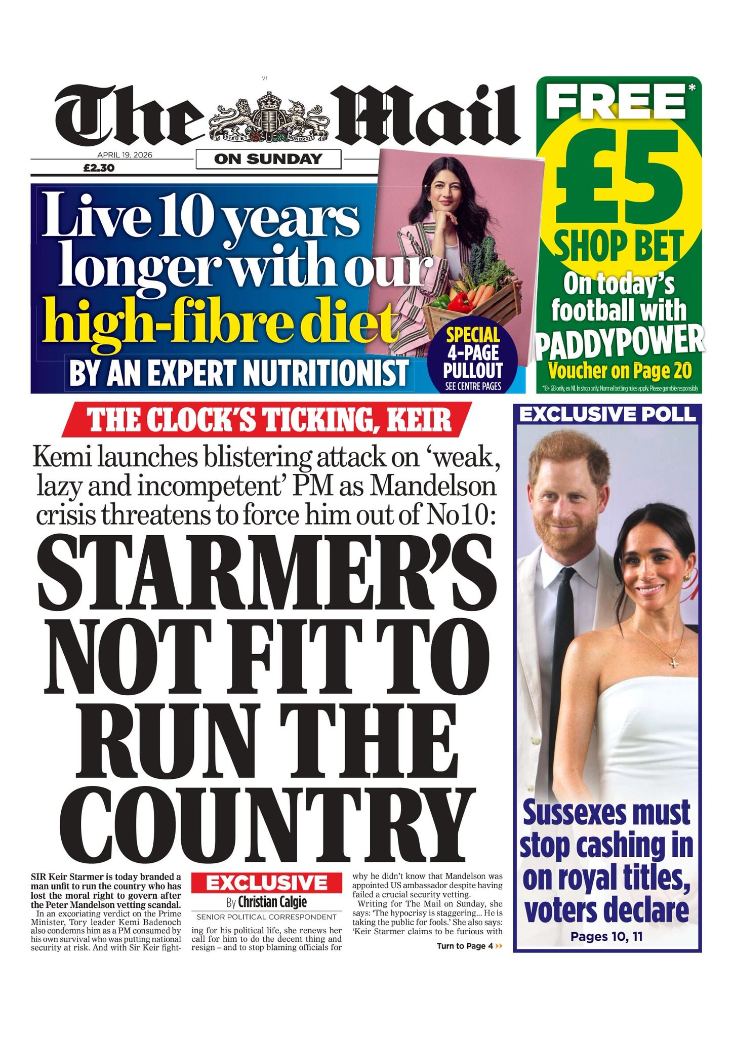 Front page of Mail on Sunday, 19 April 2026