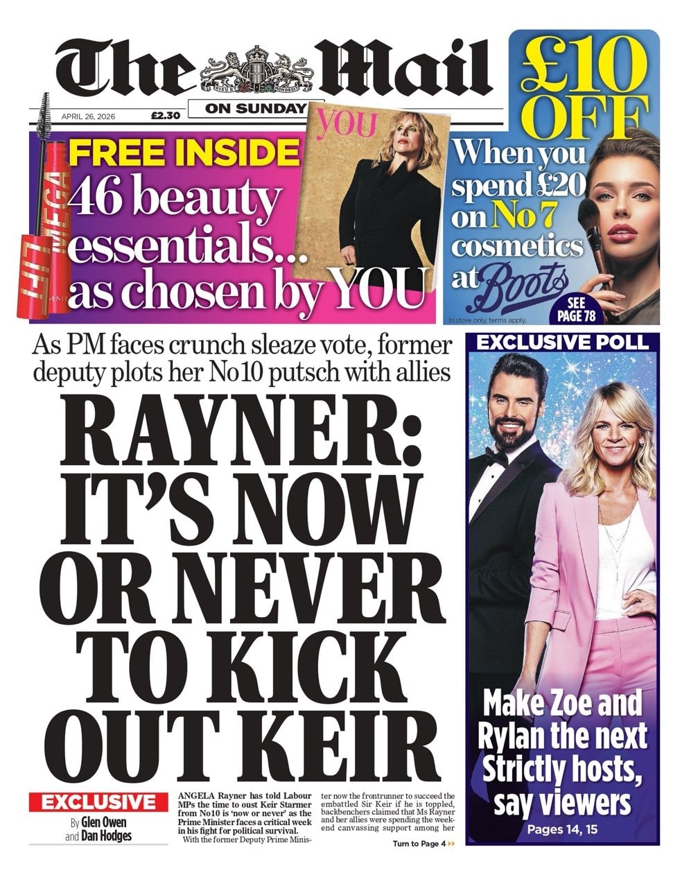 Front page of Mail on Sunday, 26 April 2026