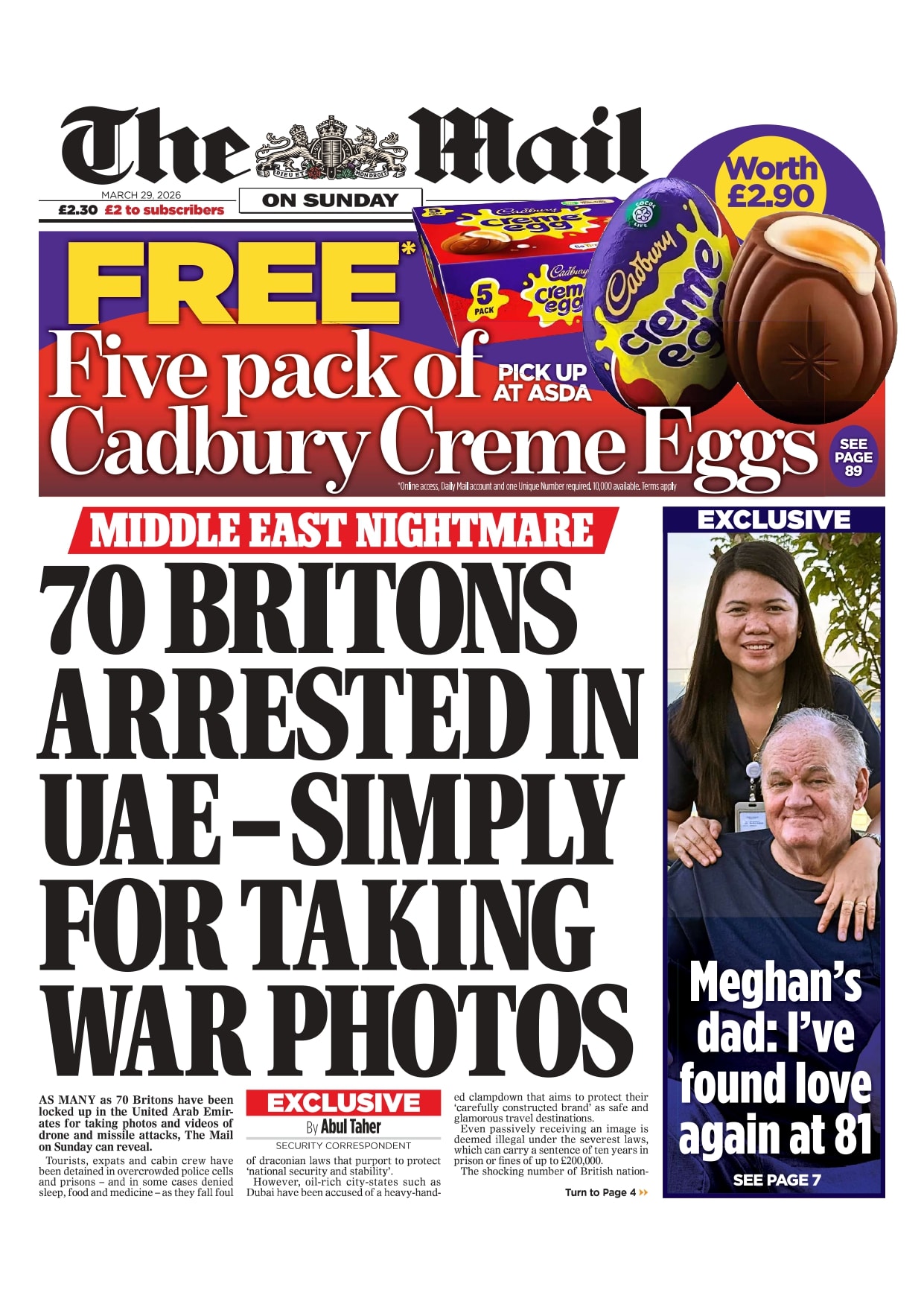 Front page of Mail on Sunday, 29 March 2026