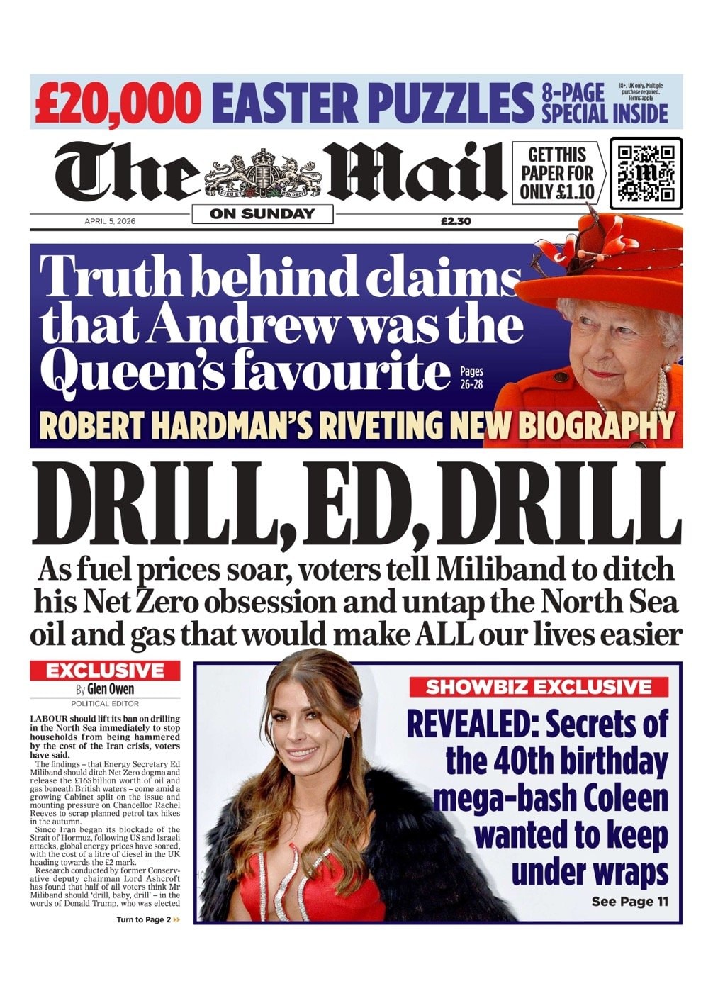 Front page of Mail on Sunday, 5 April 2026