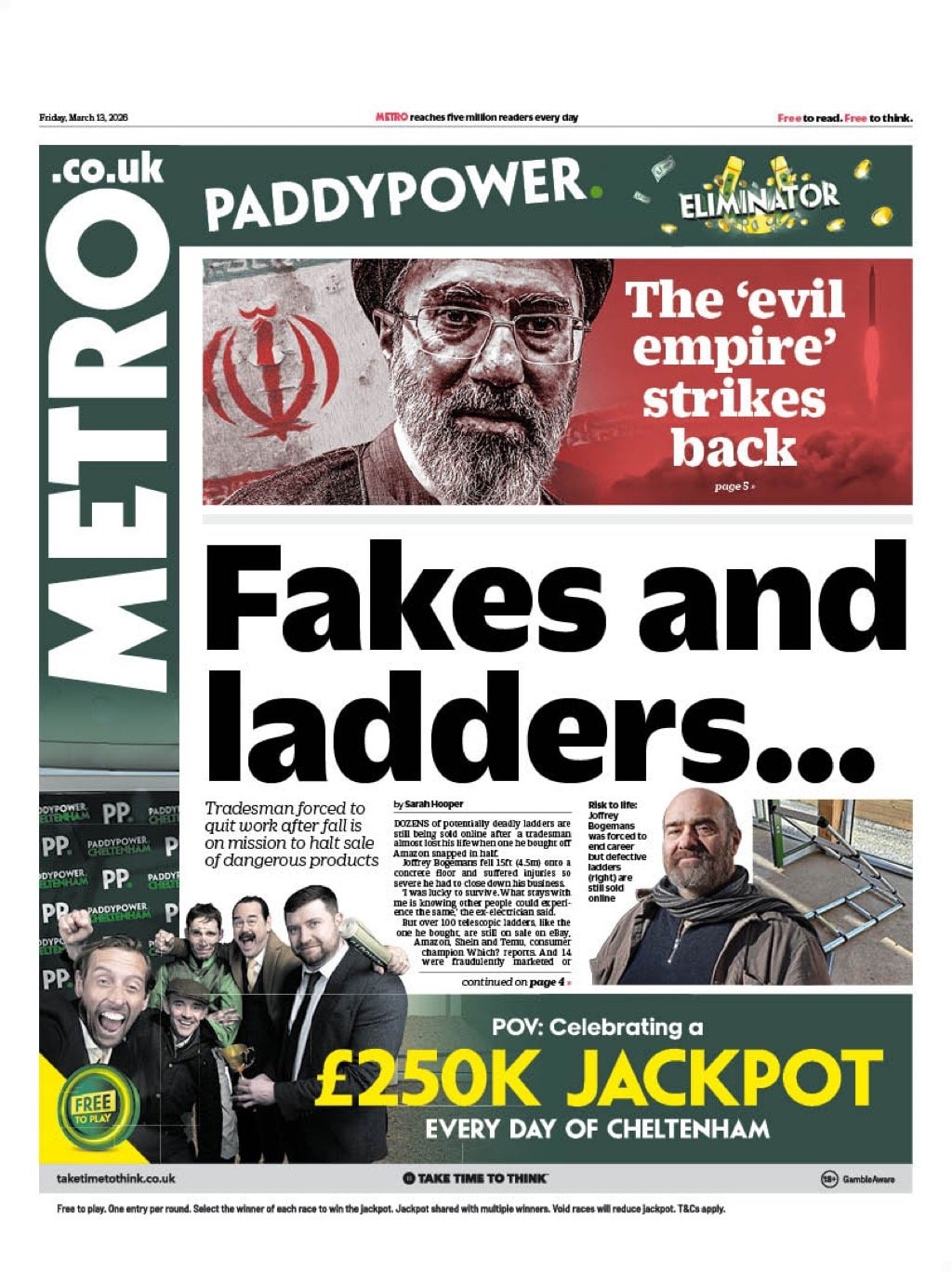 Front page of Metro, 13 March 2026