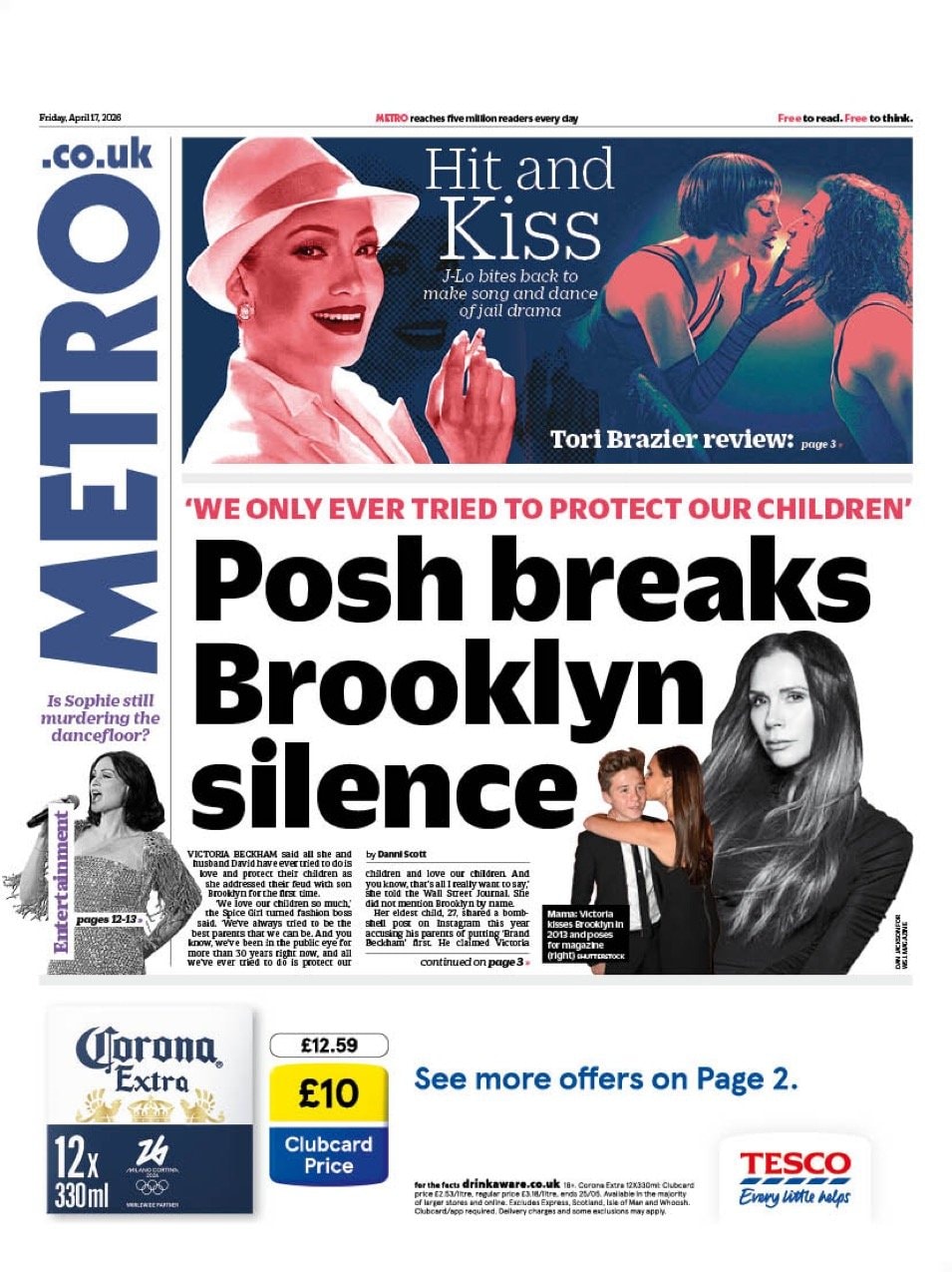 Front page of Metro, 17 April 2026
