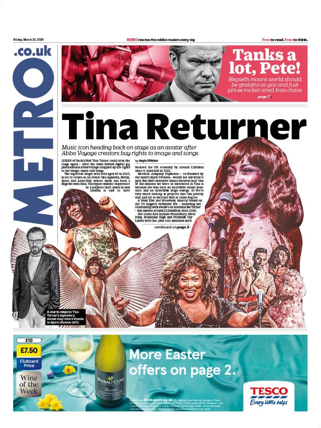 Front page of Metro, 20 March 2026