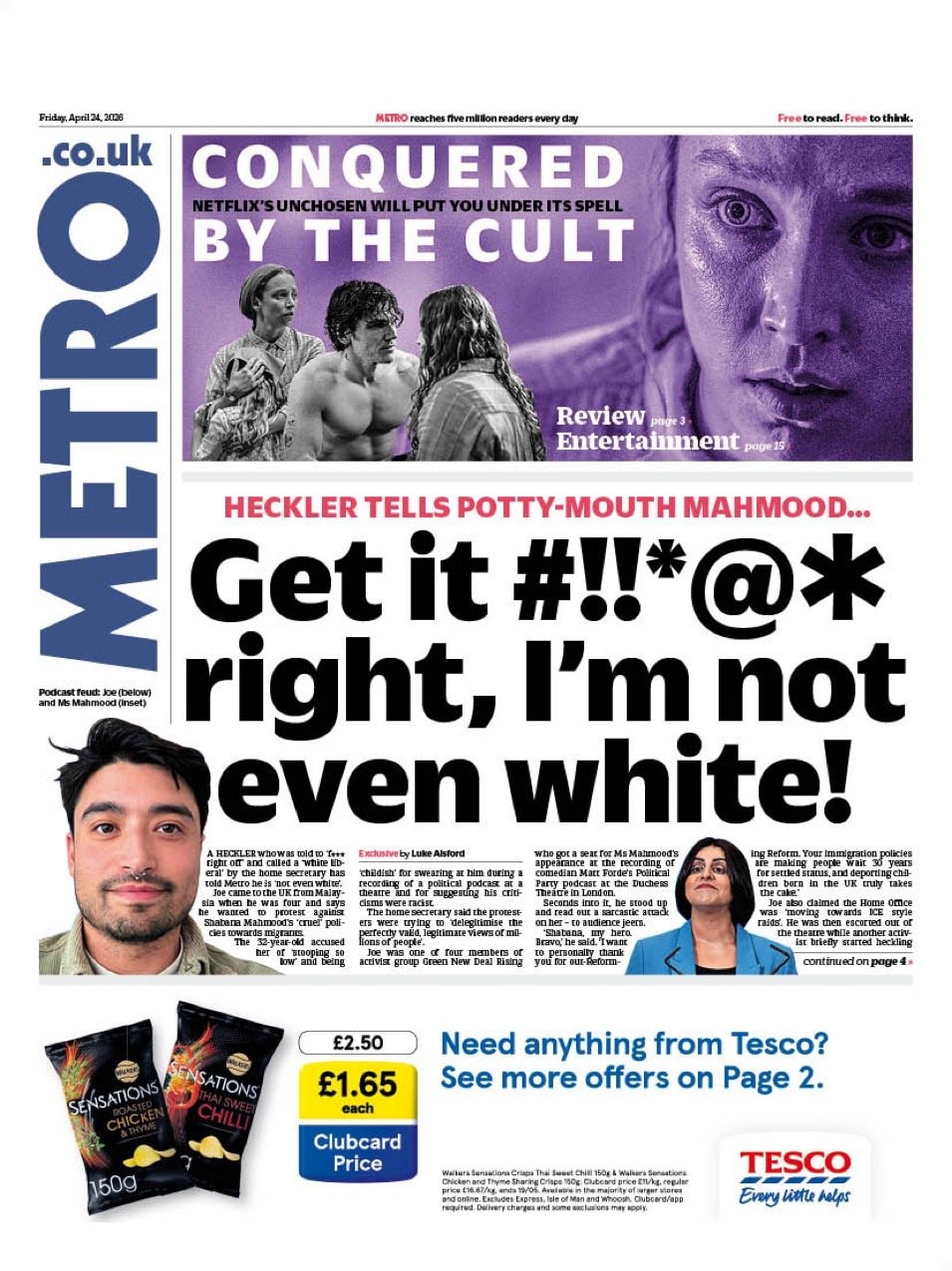 Front page of Metro, 24 April 2026