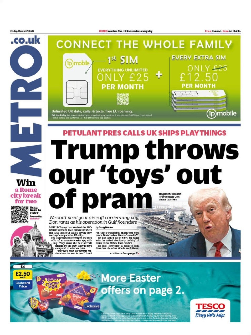 Front page of Metro, 27 March 2026