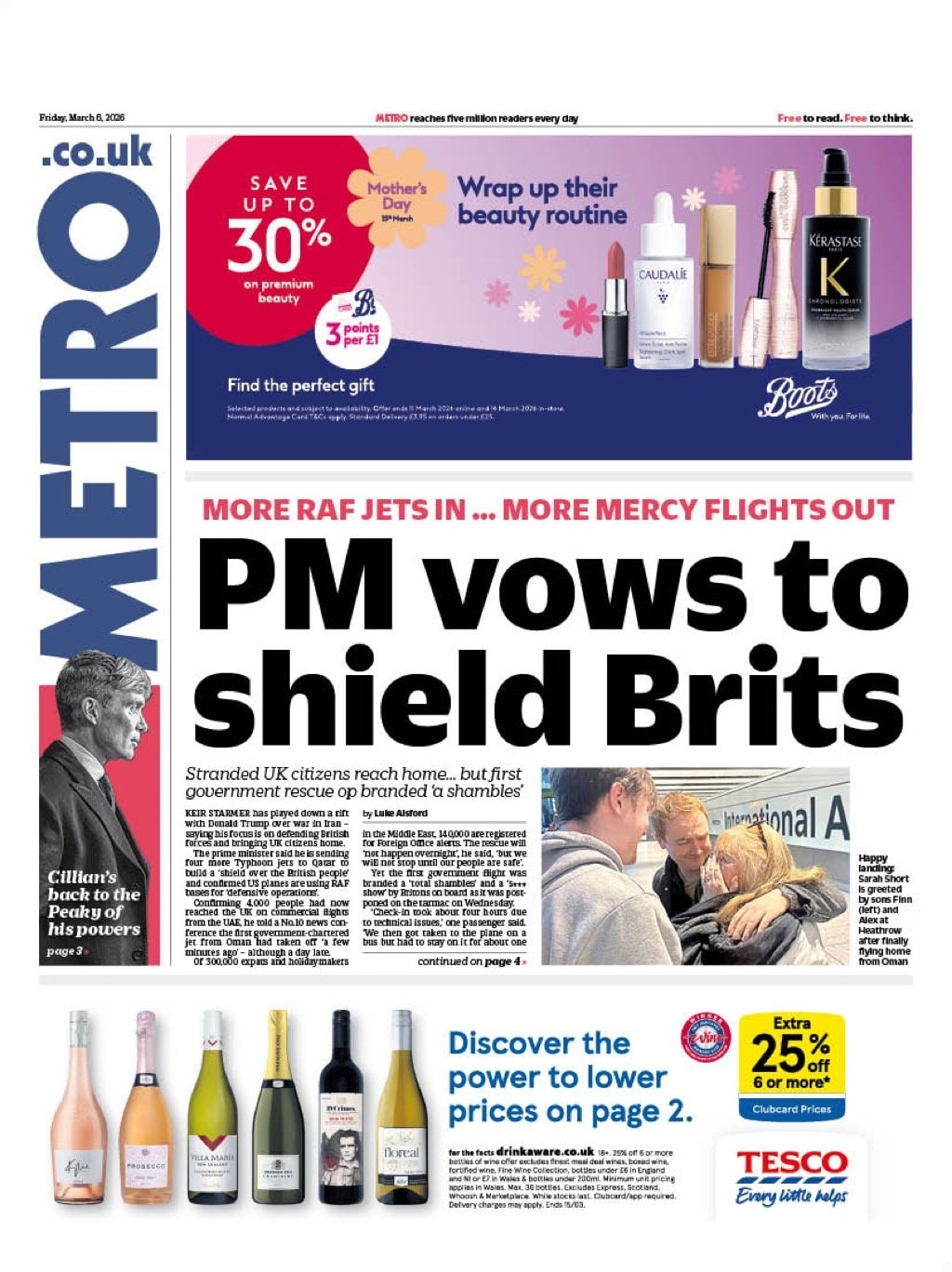 Front page of Metro, 6 March 2026