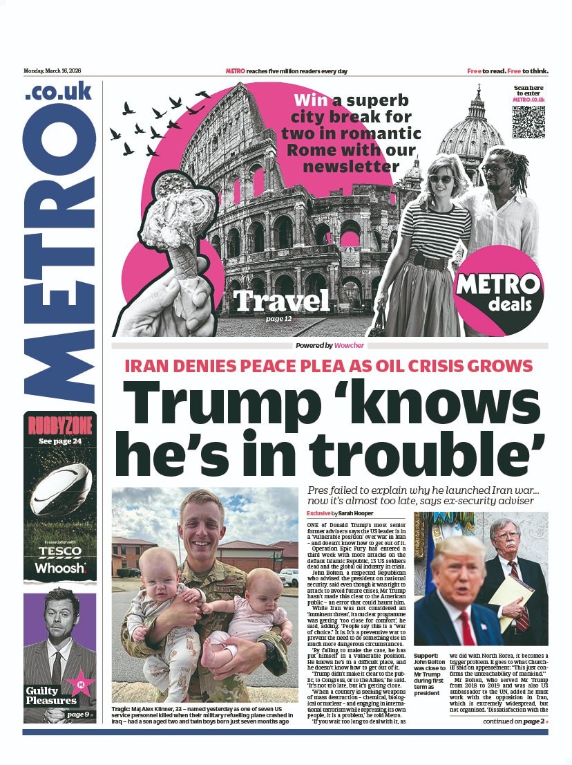 Front page of Metro, 16 March 2026