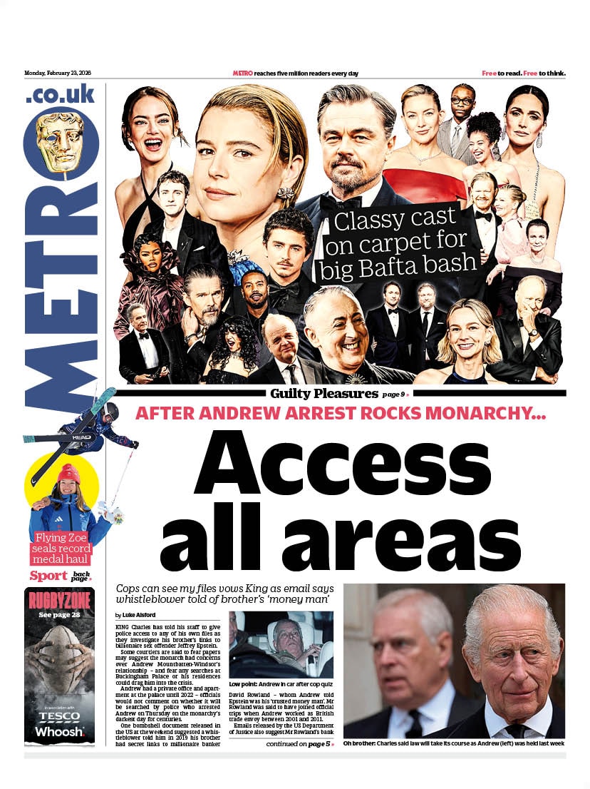 Front page of Metro, 23 February 2026