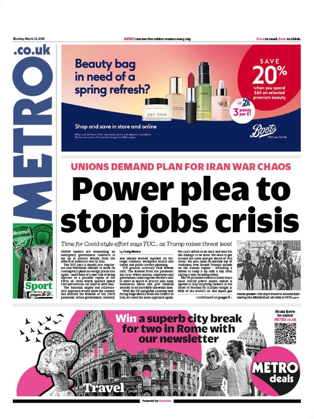 Front page of Metro, 23 March 2026