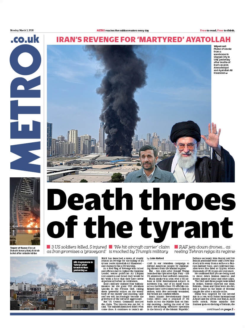 Front page of Metro, 2 March 2026