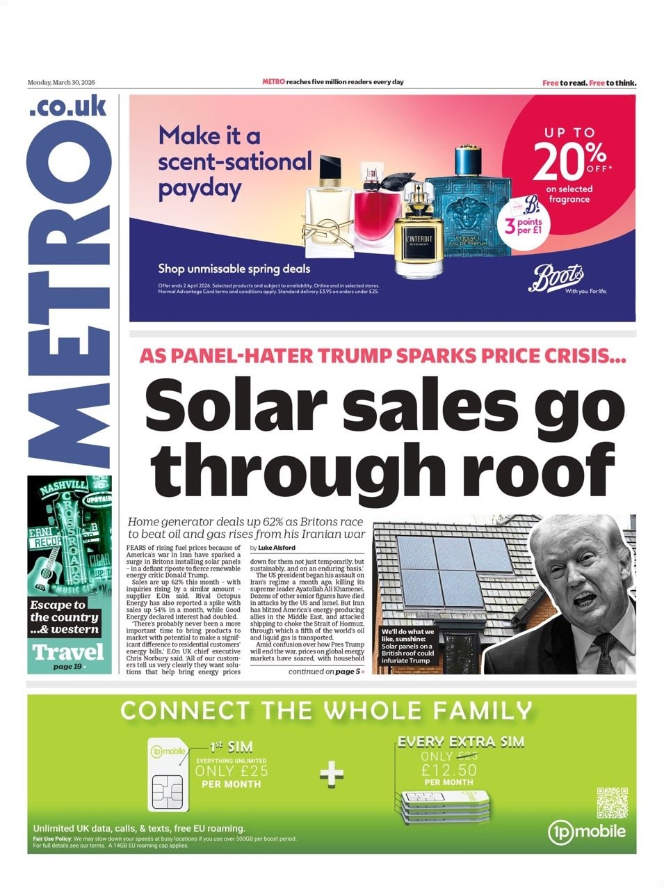 Front page of Metro, 30 March 2026