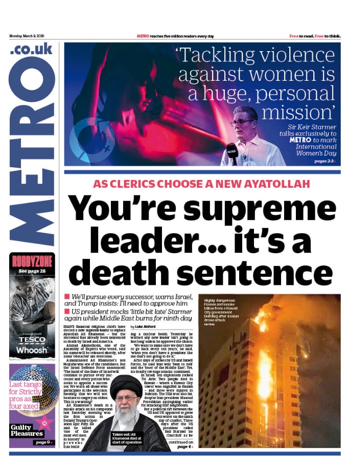 Front page of Metro, 9 March 2026