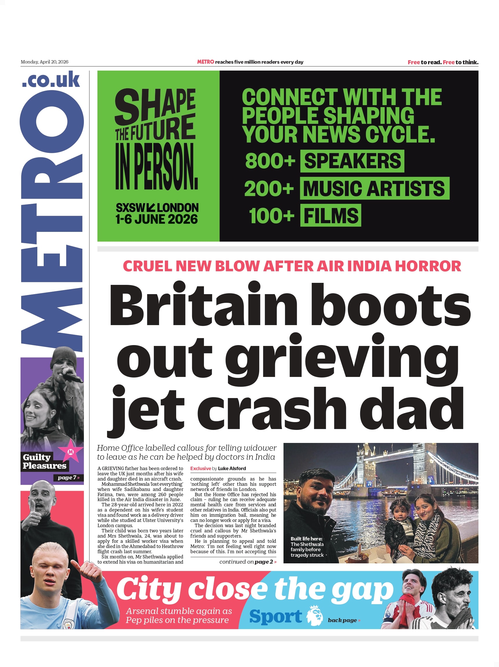 Front page of Metro, 19 April 2026