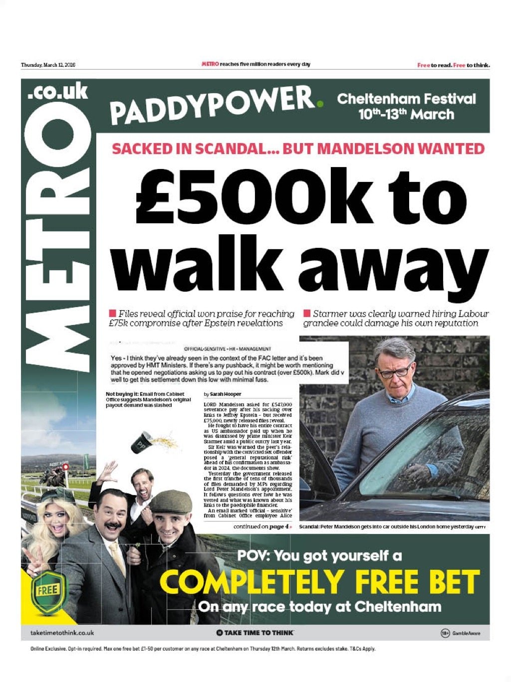 Front page of Metro, 12 March 2026