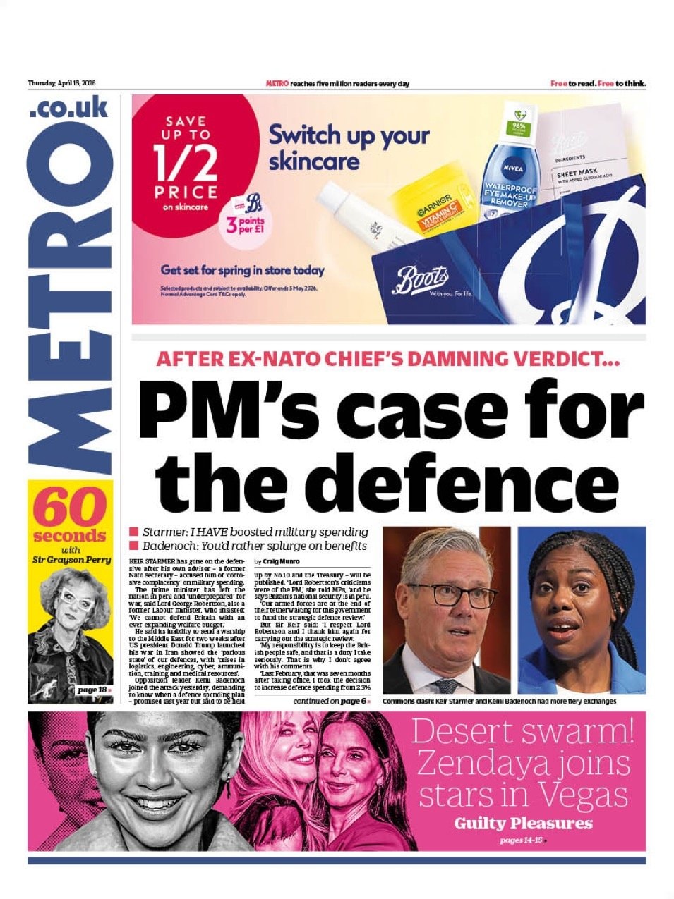 Front page of Metro, 16 April 2026