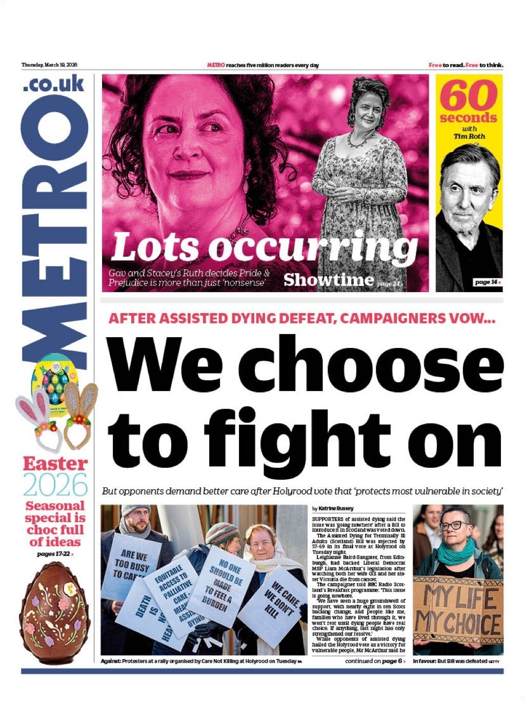Front page of Metro, 19 March 2026