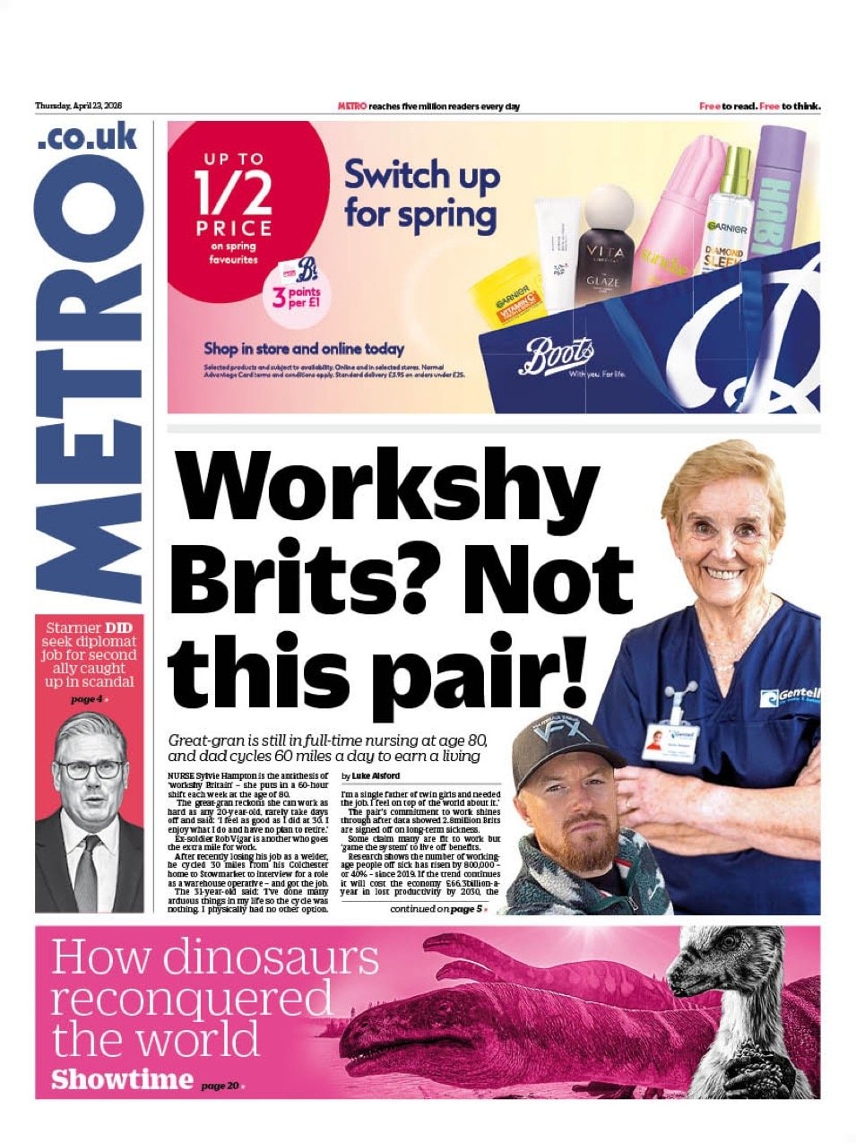 Front page of Metro, 23 April 2026