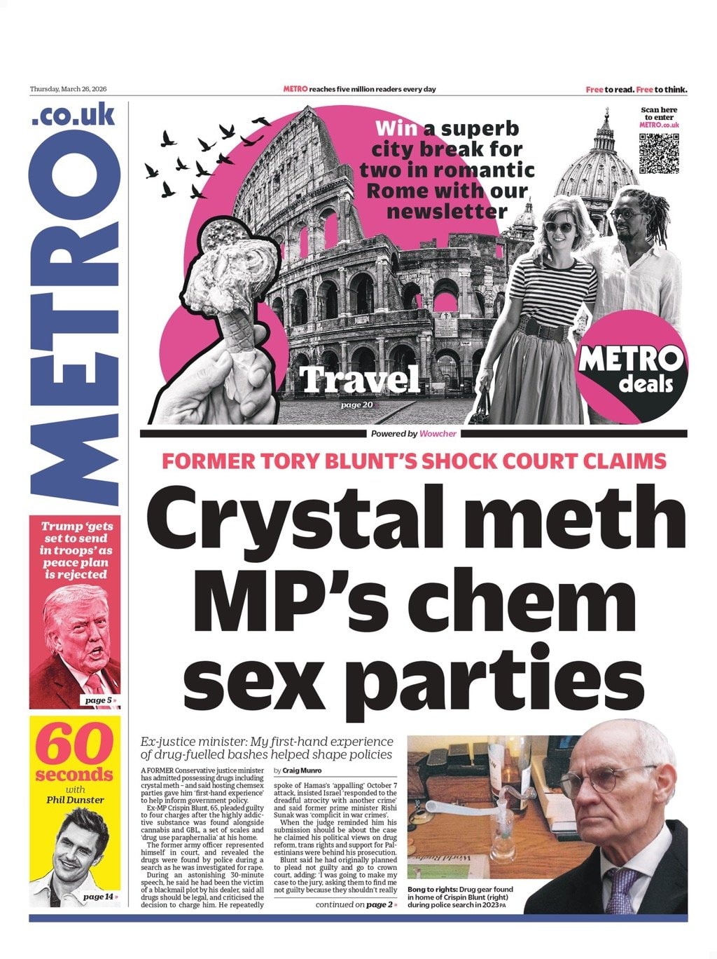 Front page of Metro, 26 March 2026