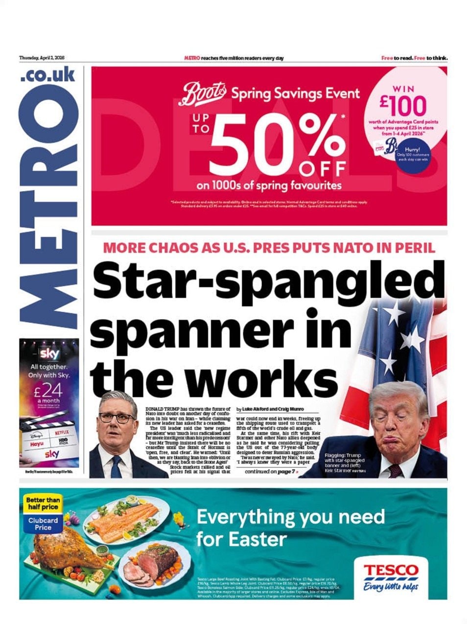 Front page of Metro, 2 April 2026