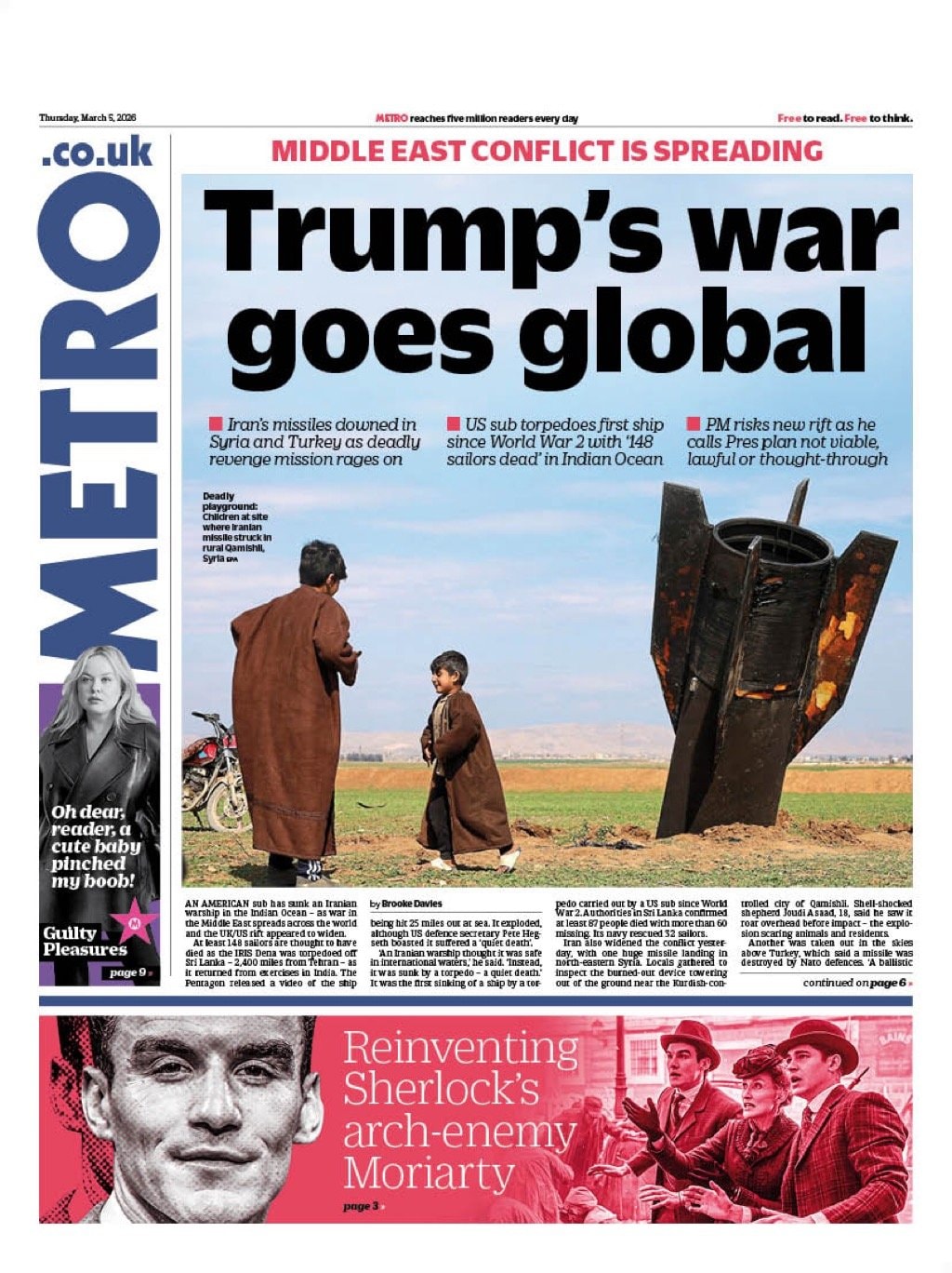 Front page of Metro, 5 March 2026