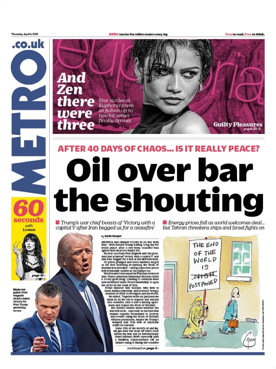 Front page of Metro, 9 April 2026