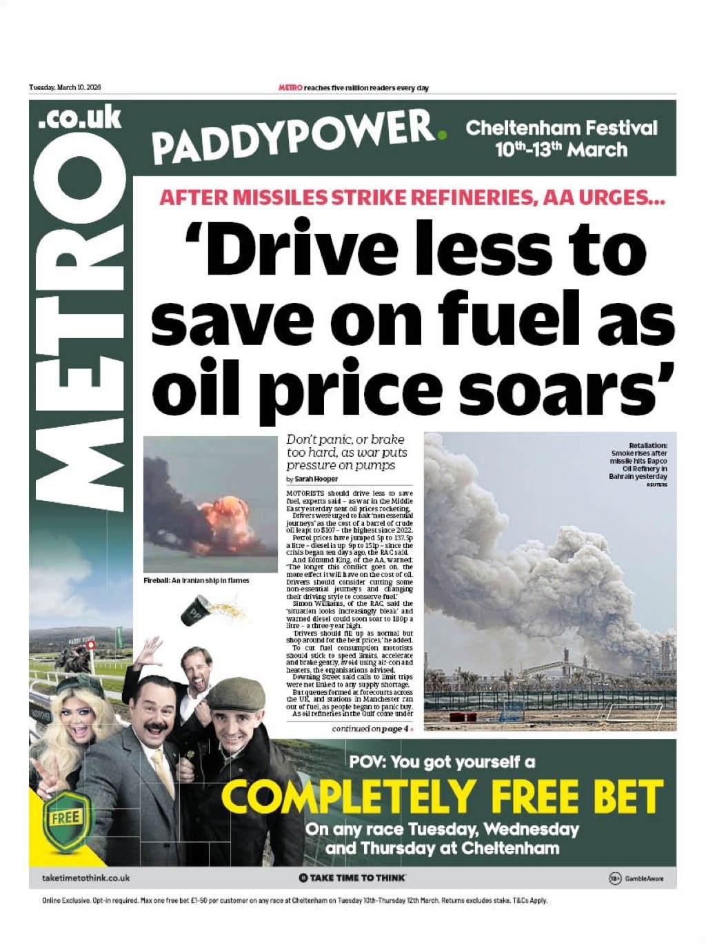 Front page of Metro, 10 March 2026