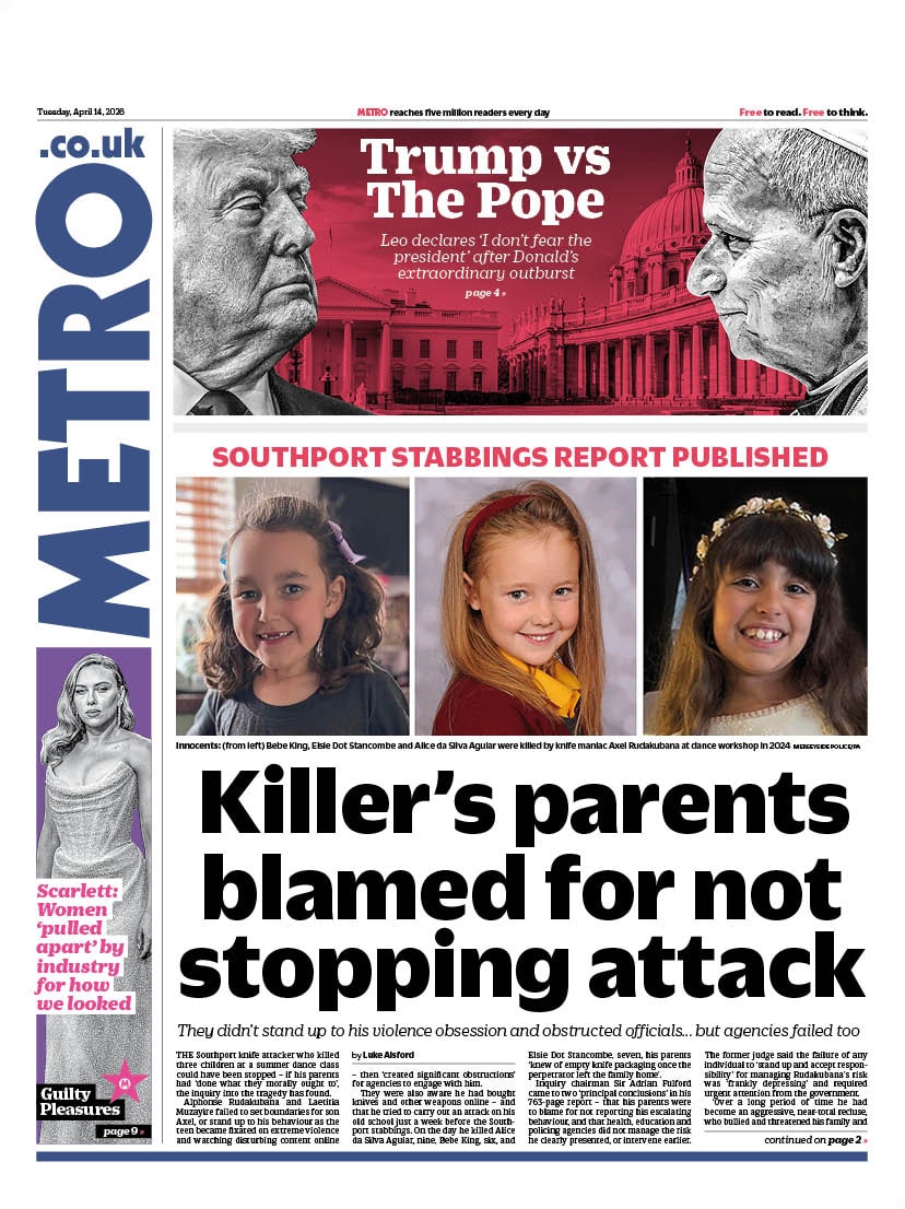 Front page of Metro, 14 April 2026