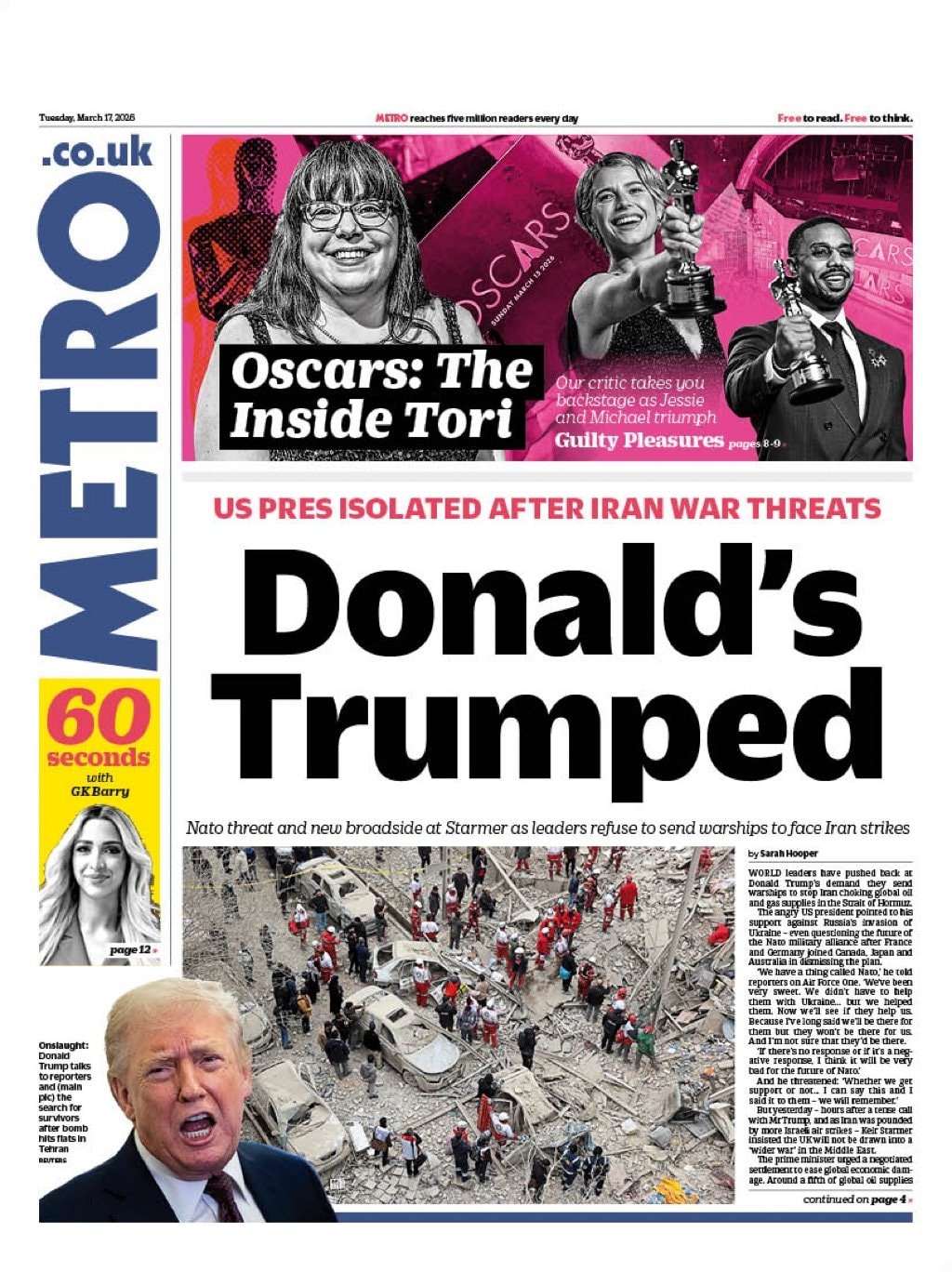 Front page of Metro, 17 March 2026