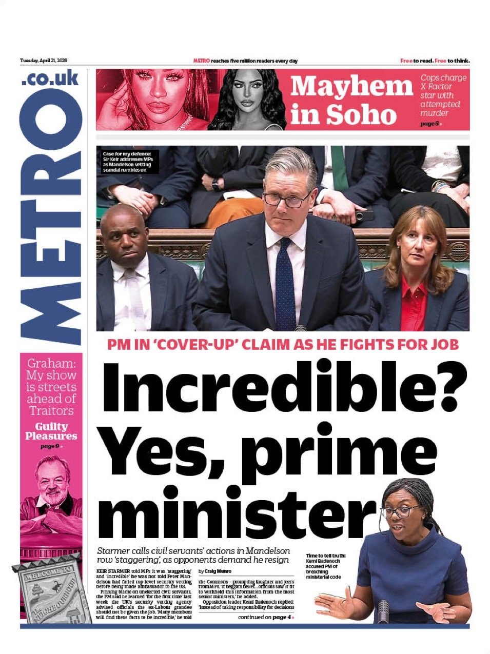 Front page of Metro, 21 April 2026