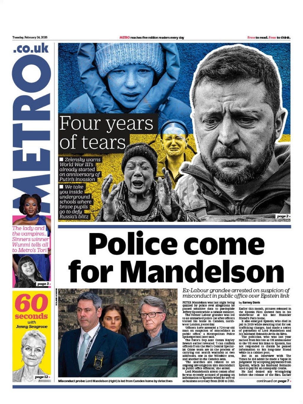 Front page of Metro, 24 February 2026