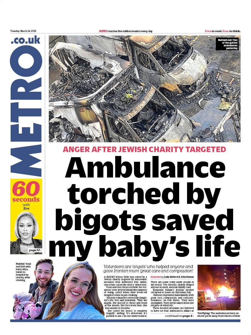 Front page of Metro, 24 March 2026