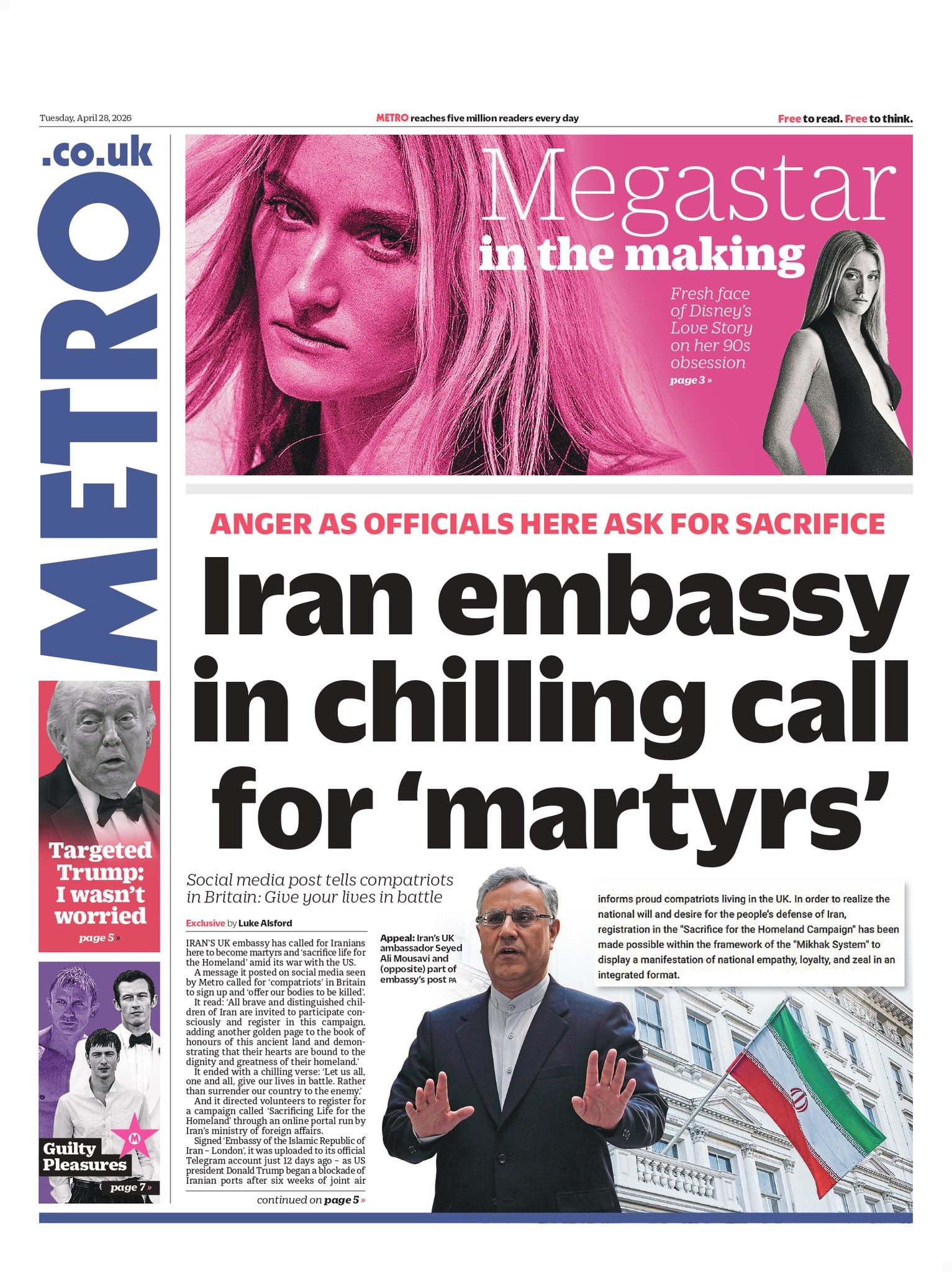 Front page of Metro, 28 April 2026