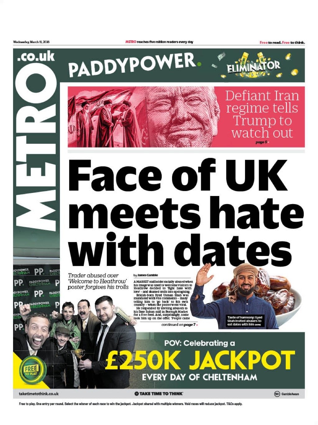 Front page of Metro, 11 March 2026