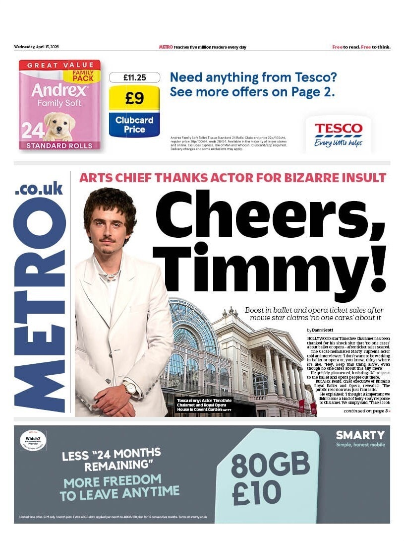 Front page of Metro, 15 April 2026