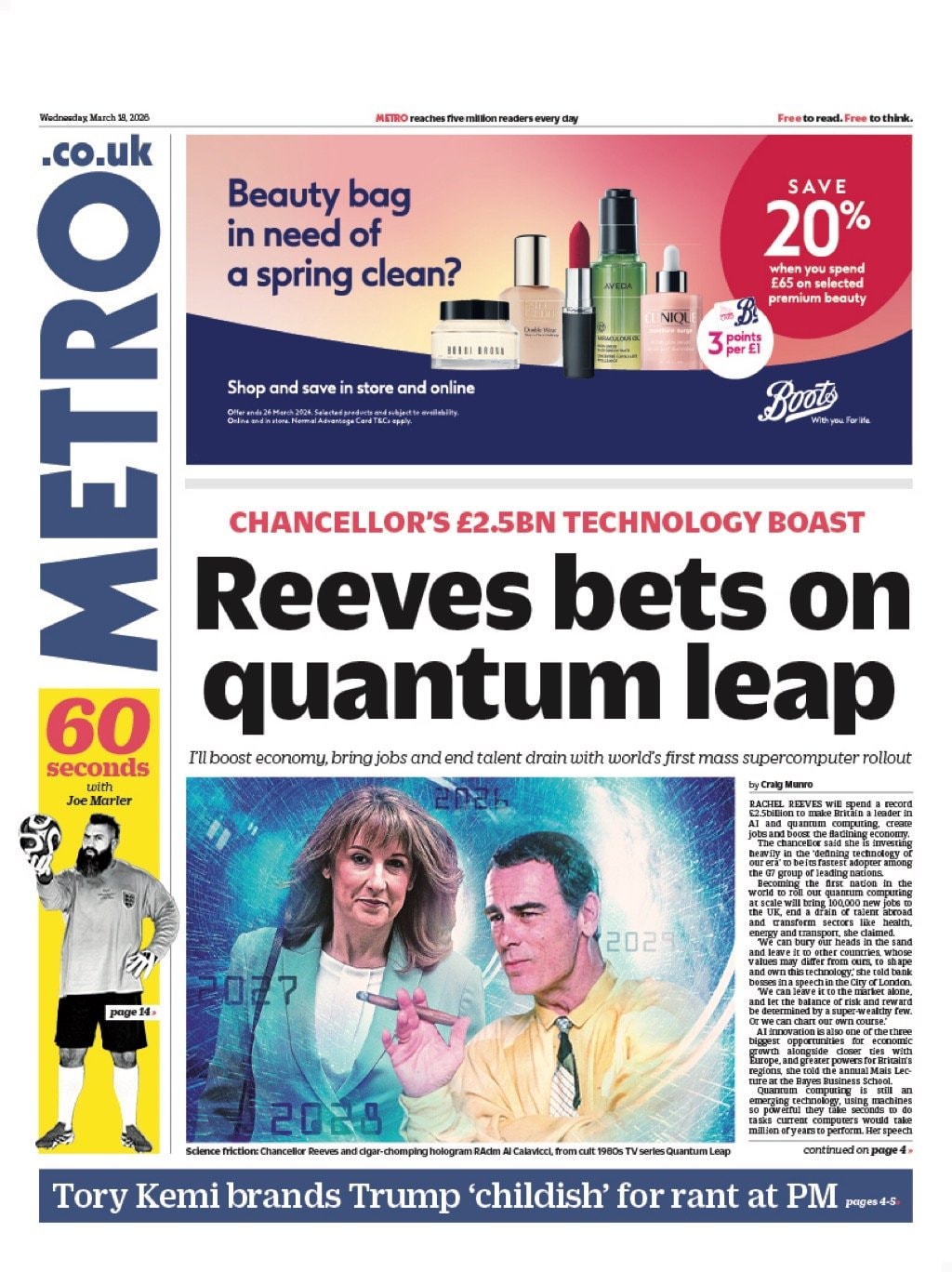 Front page of Metro, 18 March 2026