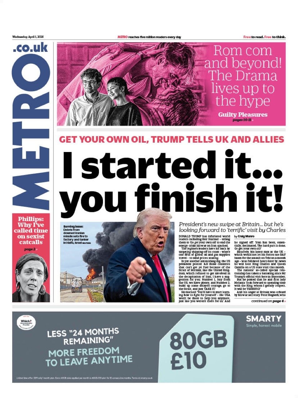 Front page of Metro, 1 April 2026