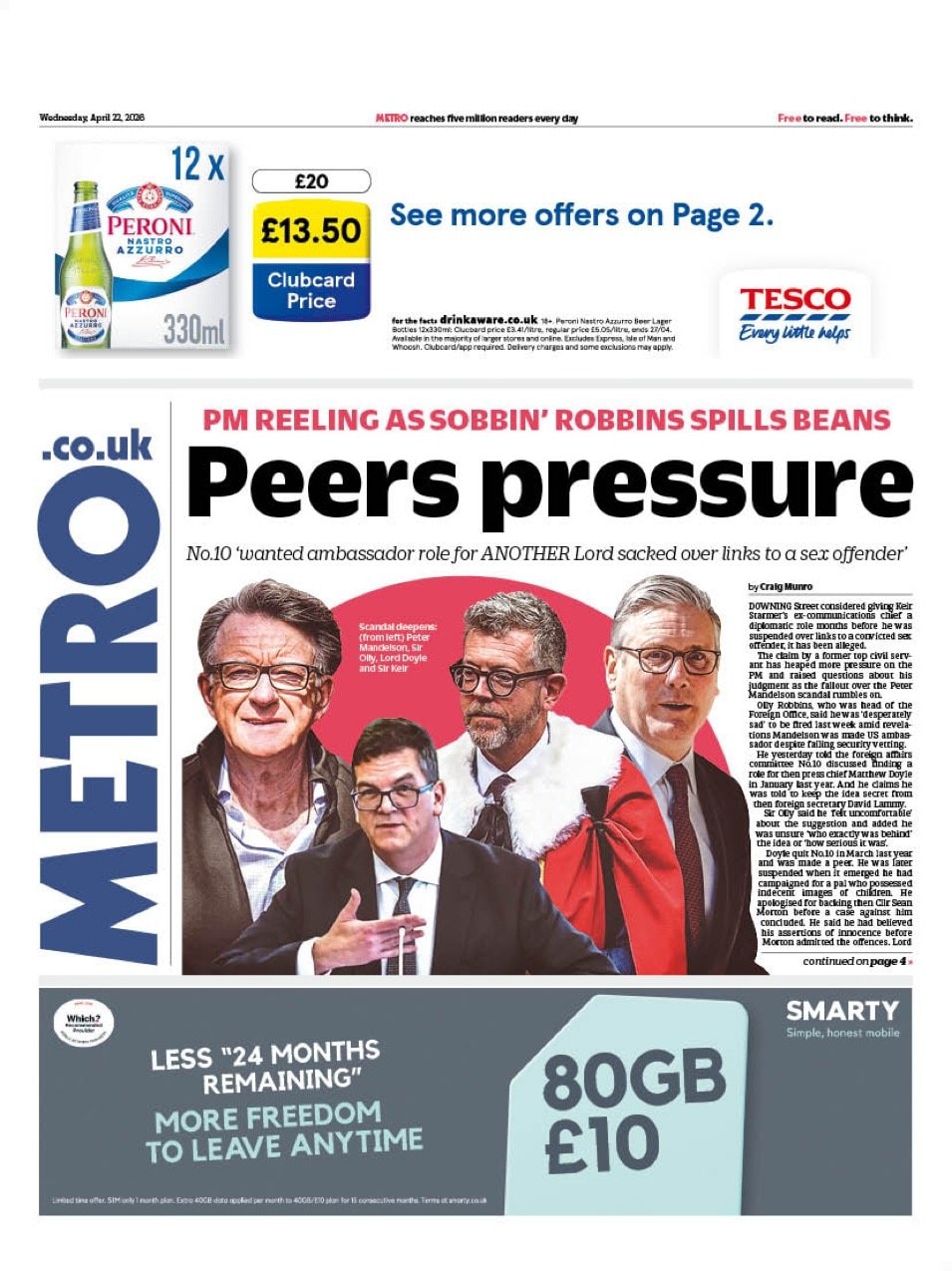 Front page of Metro, 22 April 2026