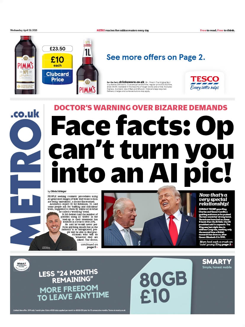Front page of Metro, 29 April 2026