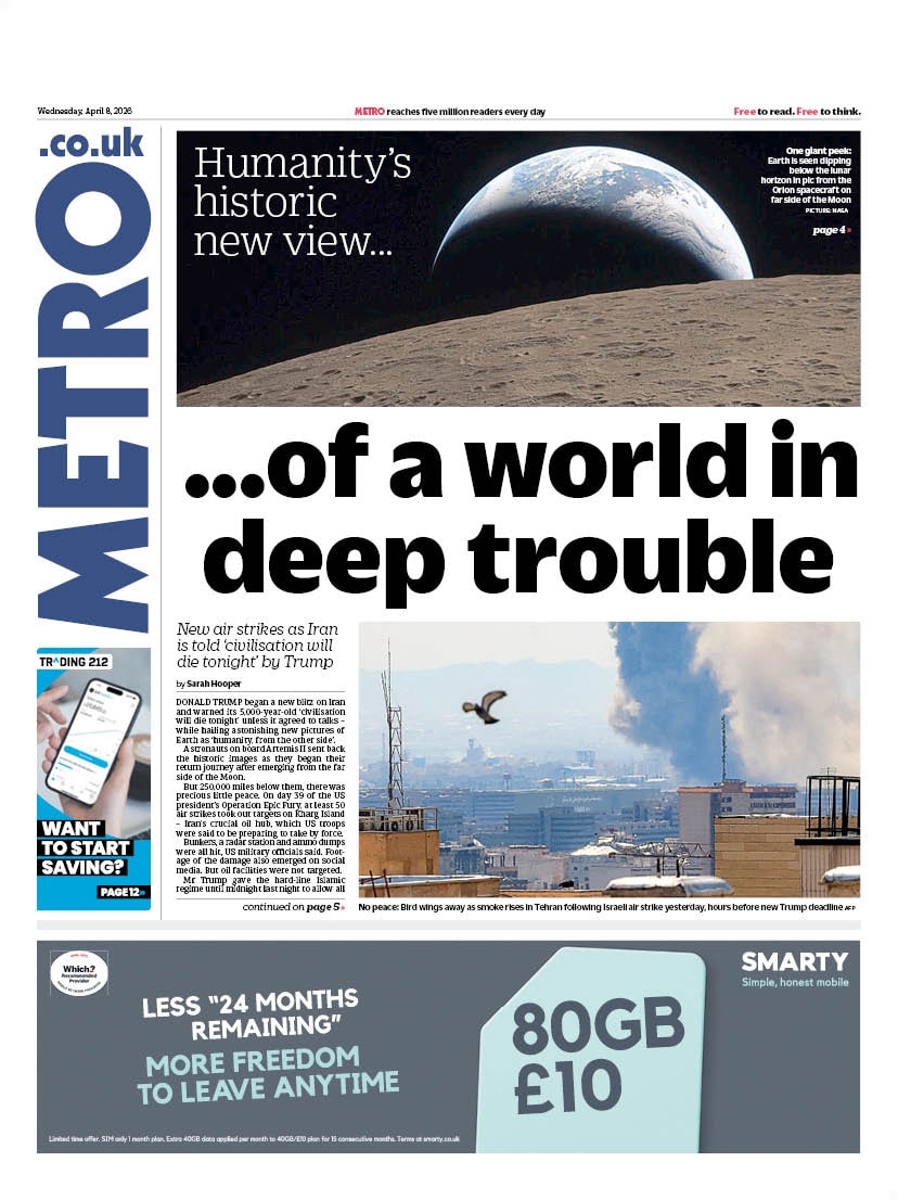 Front page of Metro, 8 April 2026