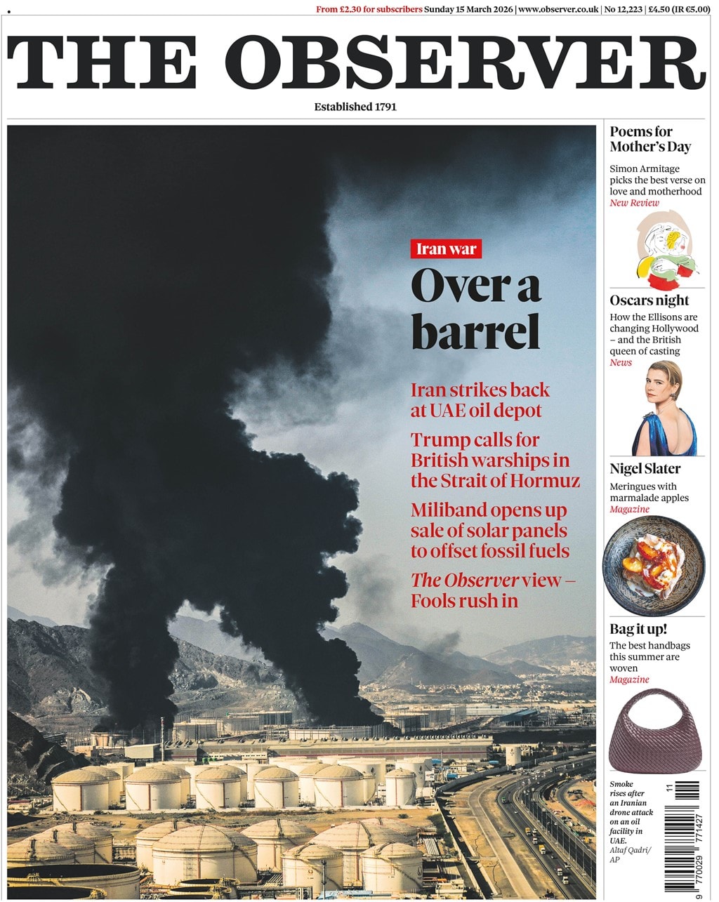 Front page of Observer, 15 March 2026