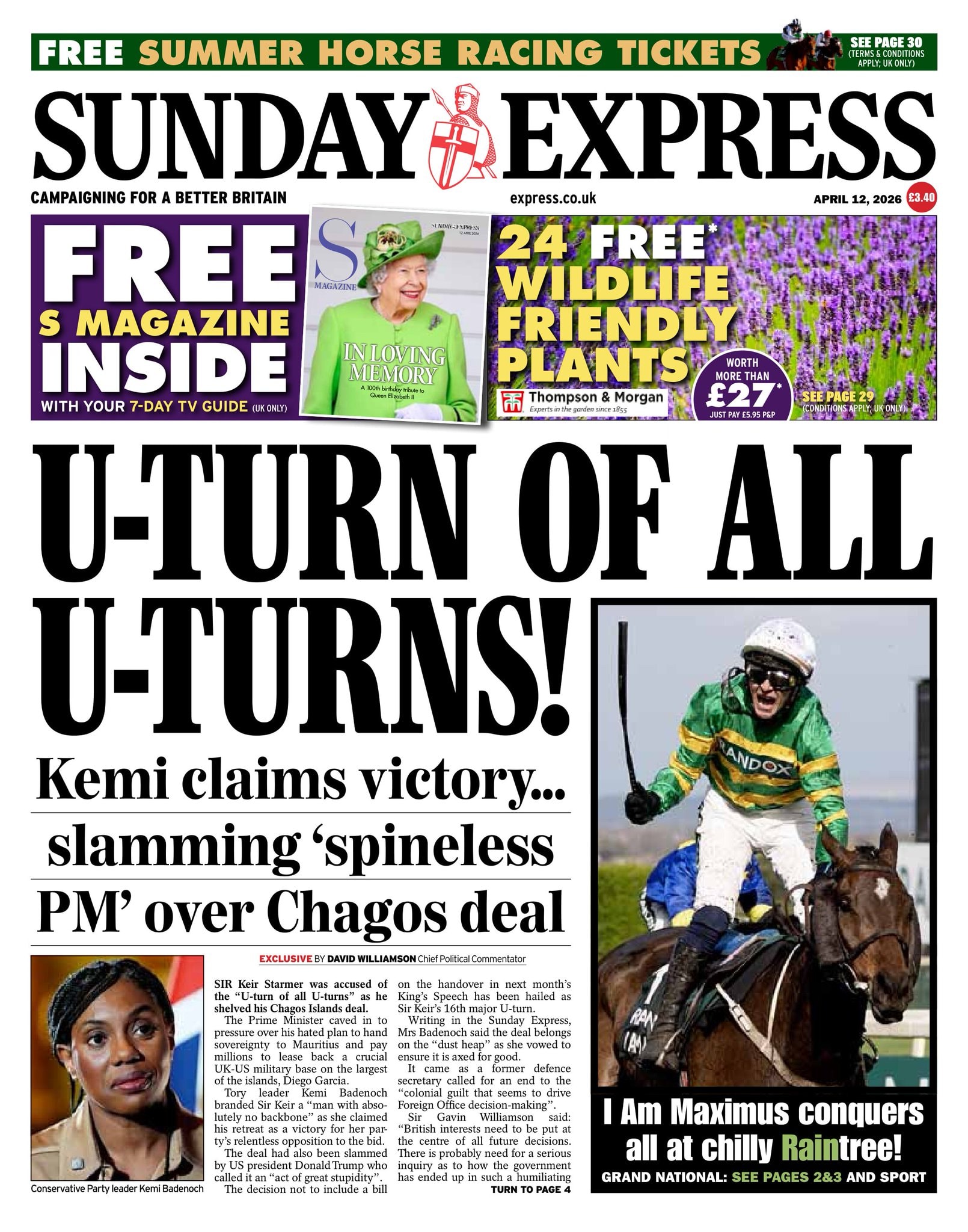 Front page of Sunday Express, 12 April 2026