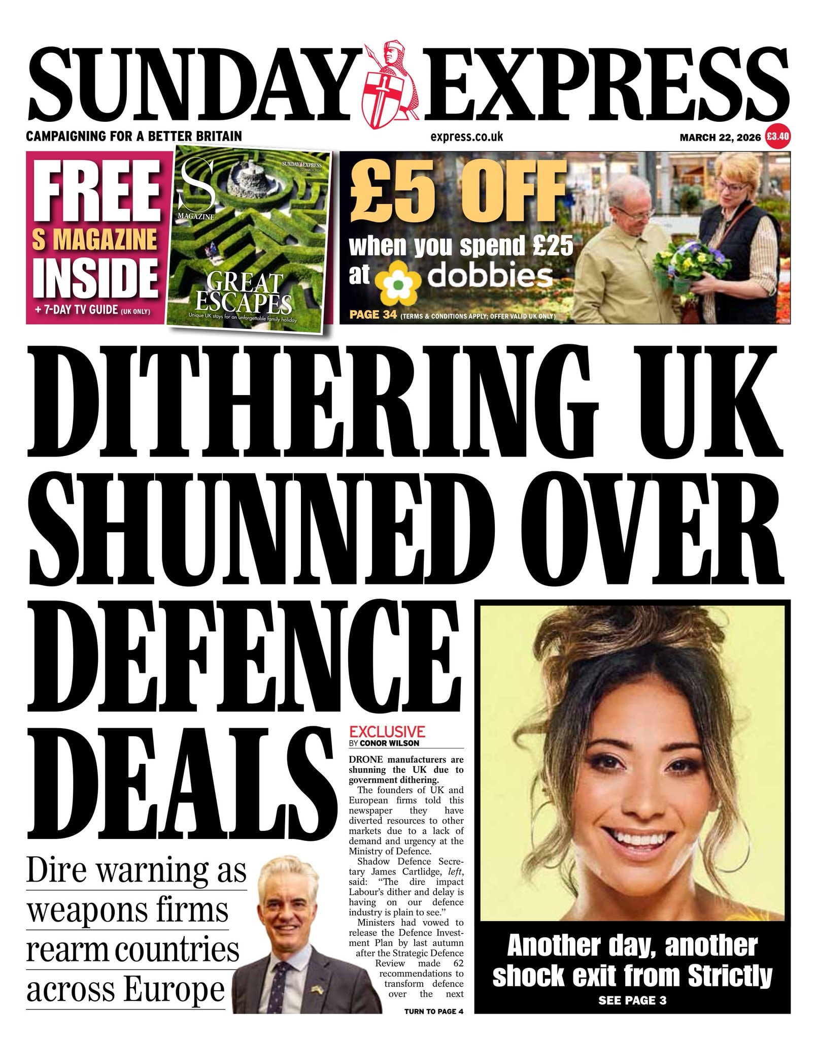 Front page of Sunday Express, 22 March 2026