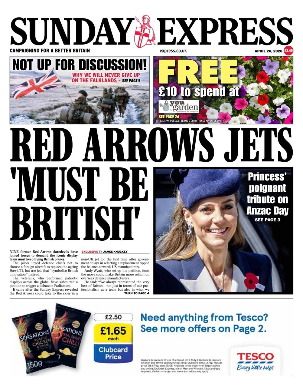 Front page of Sunday Express, 26 April 2026