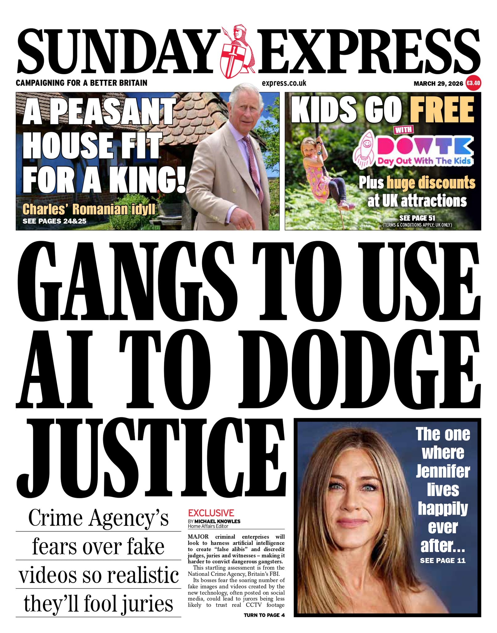 Front page of Sunday Express, 29 March 2026