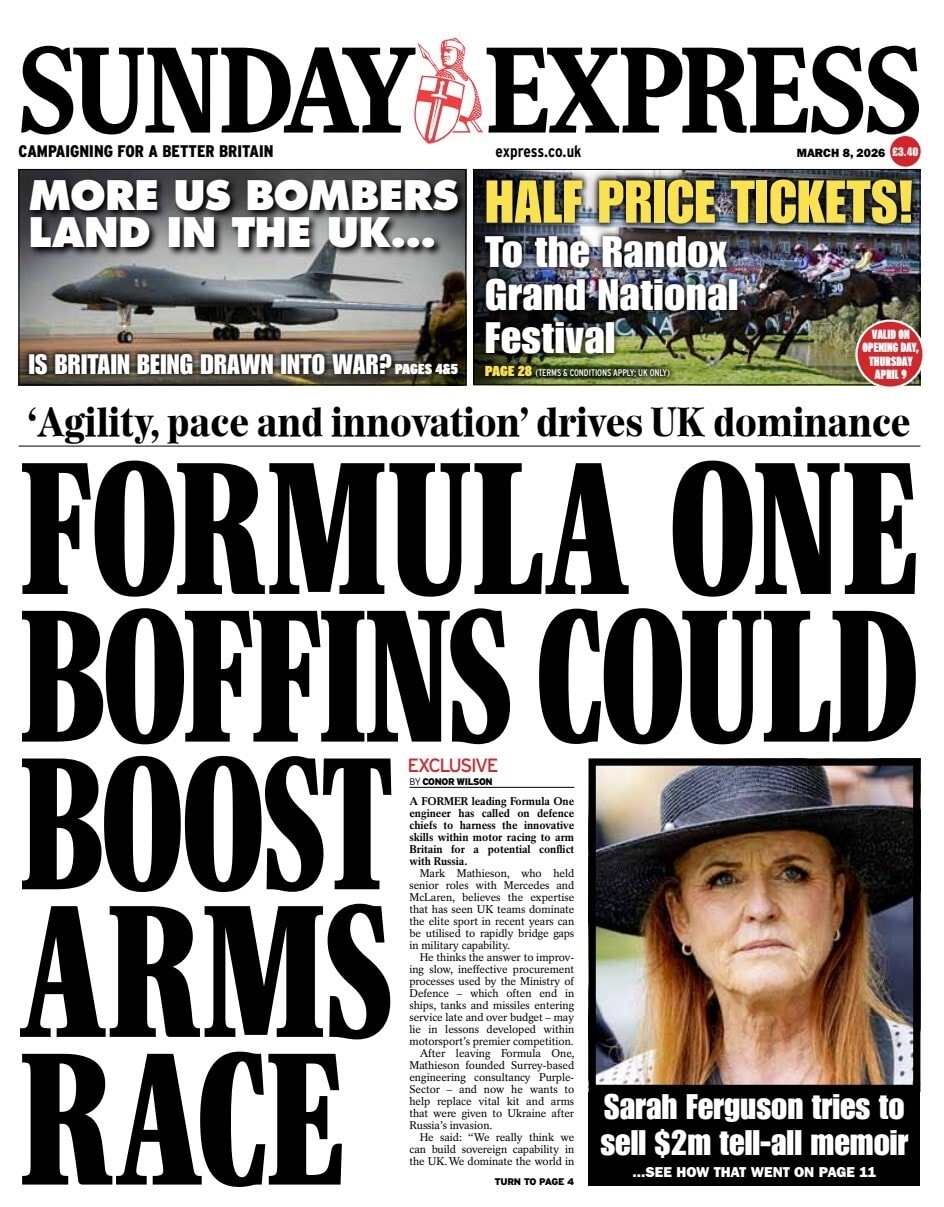 Front page of Sunday Express, 8 March 2026