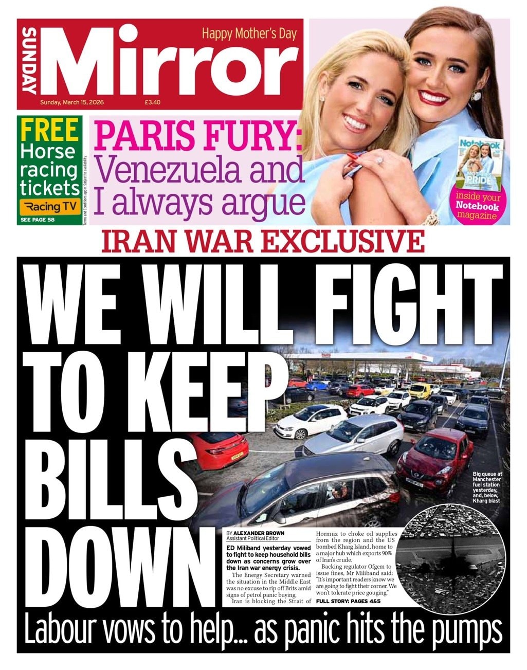 Front page of Sunday Mirror, 15 March 2026