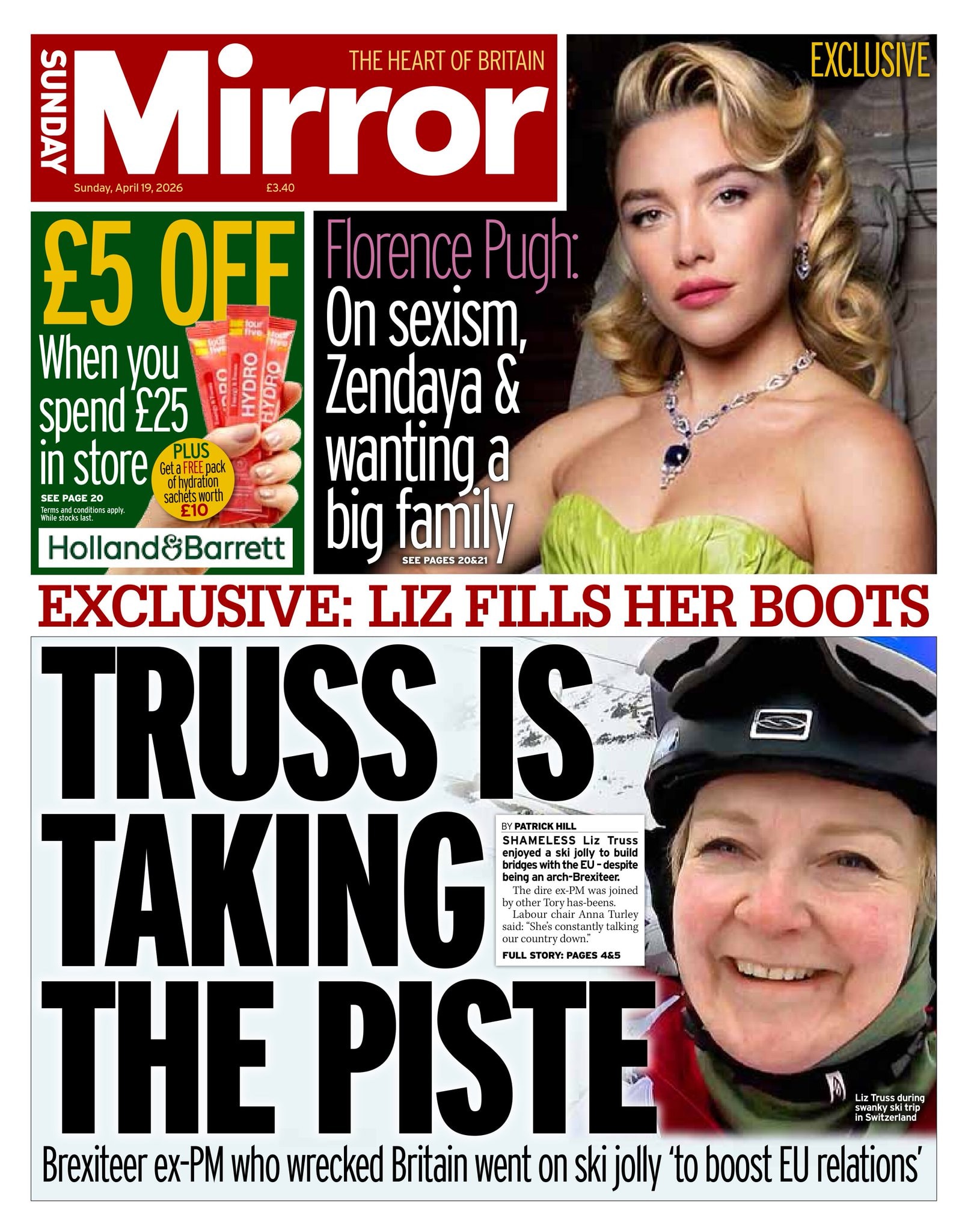 Front page of Sunday Mirror, 19 April 2026